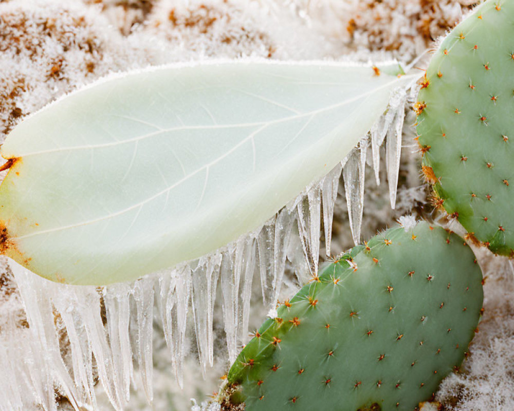 Frosted cactus leaf with sharp spines and ice crystals