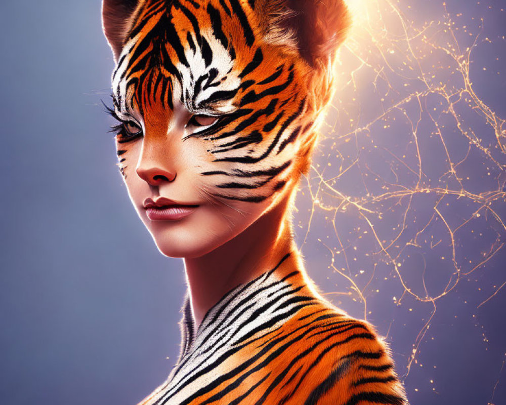 Person with tiger face paint and ears in glowing orange light on blue background