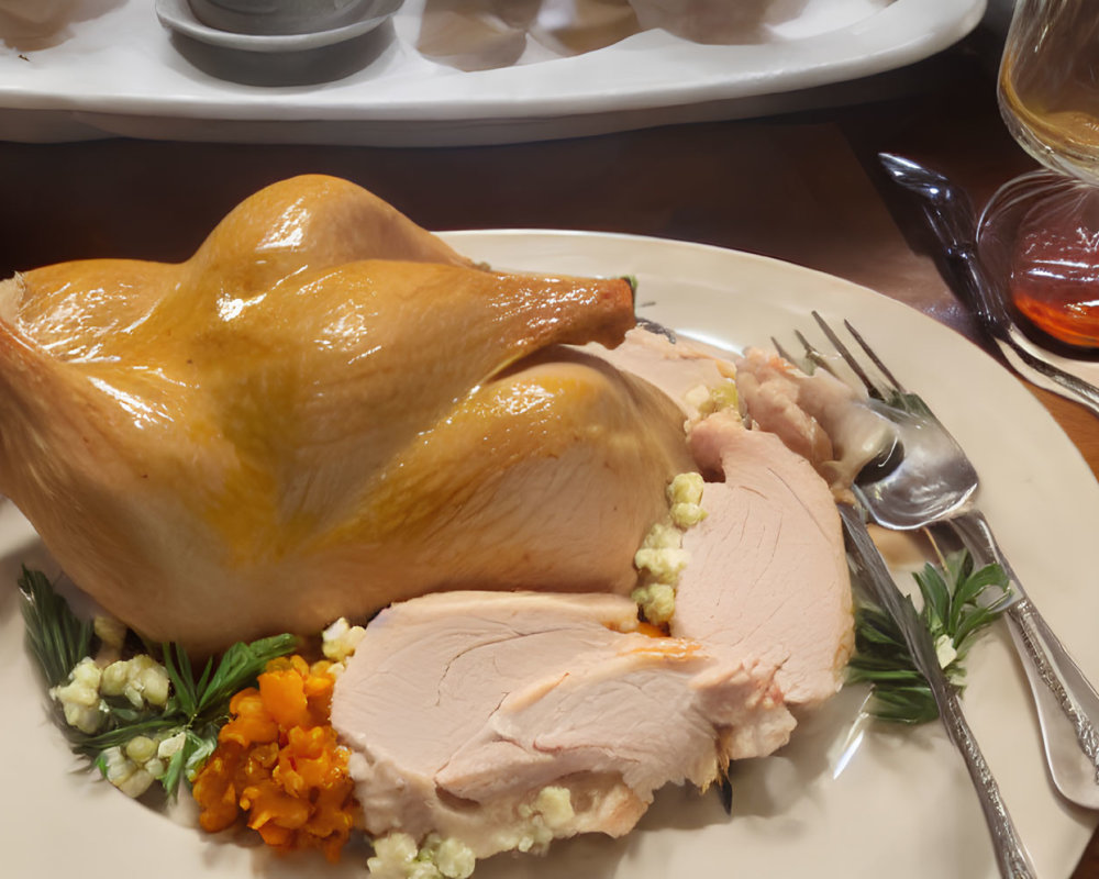 Roasted Turkey on Festive Table with Autumn Leaves and Wine