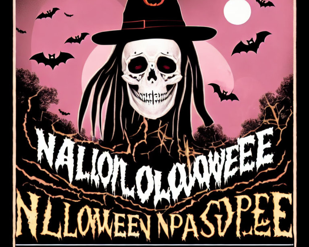 Skull with Witch Hat, Bats, Moon, and Festive Text in Halloween Image