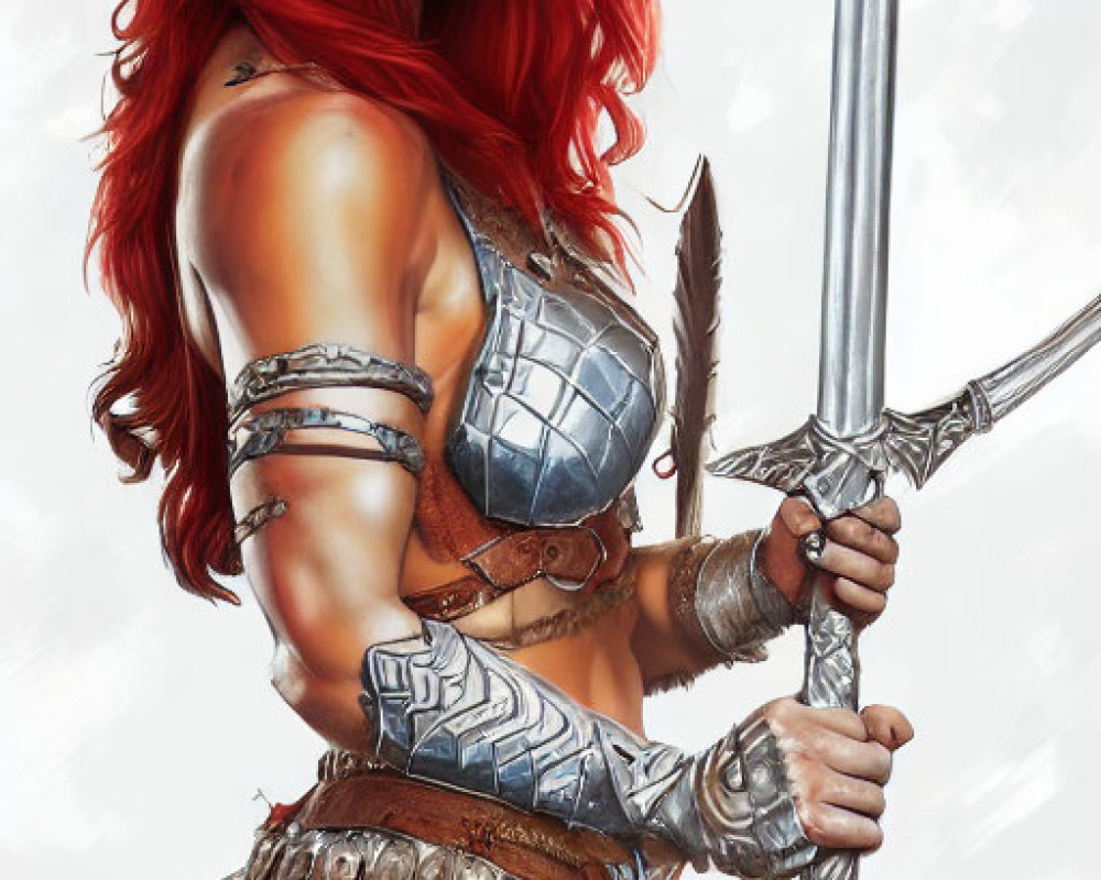 Fantasy warrior with red hair in armor wields sword and shield