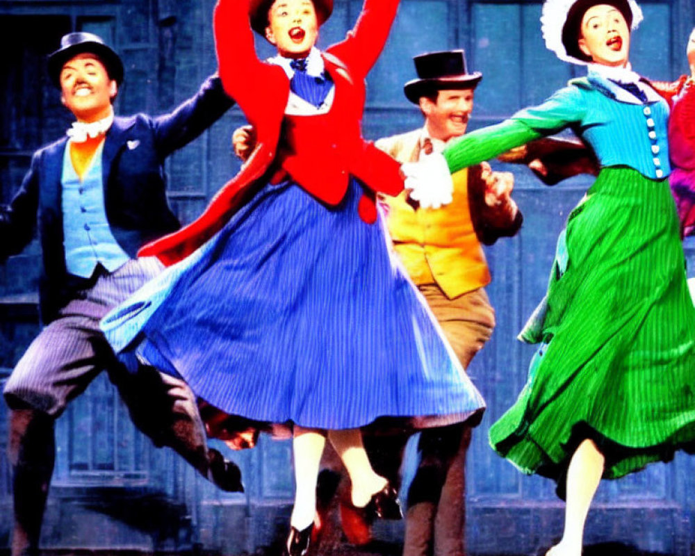 Four people joyfully dancing in colorful period costumes on vintage urban stage