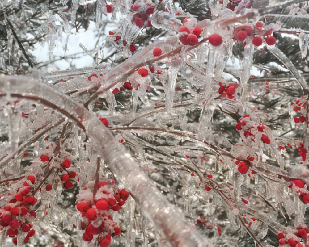 Frozen red berries and branches in clear ice: a glittering winter scene