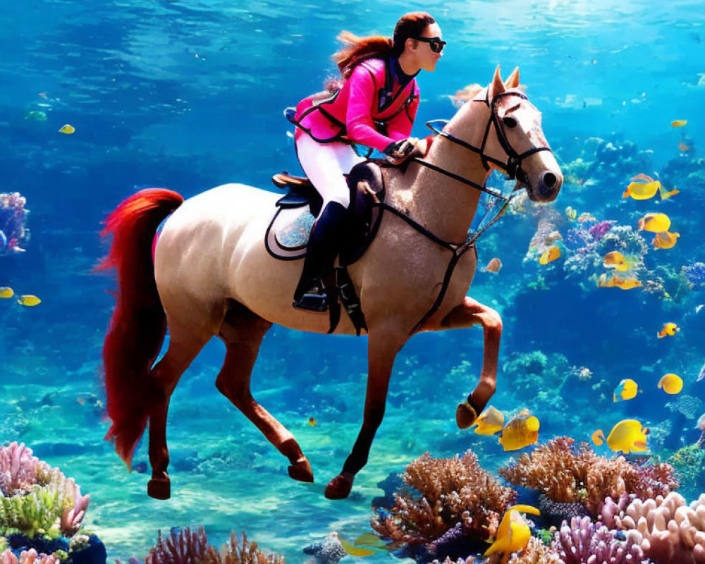 Horse Riding Underwater with Colorful Fish and Coral Reefs