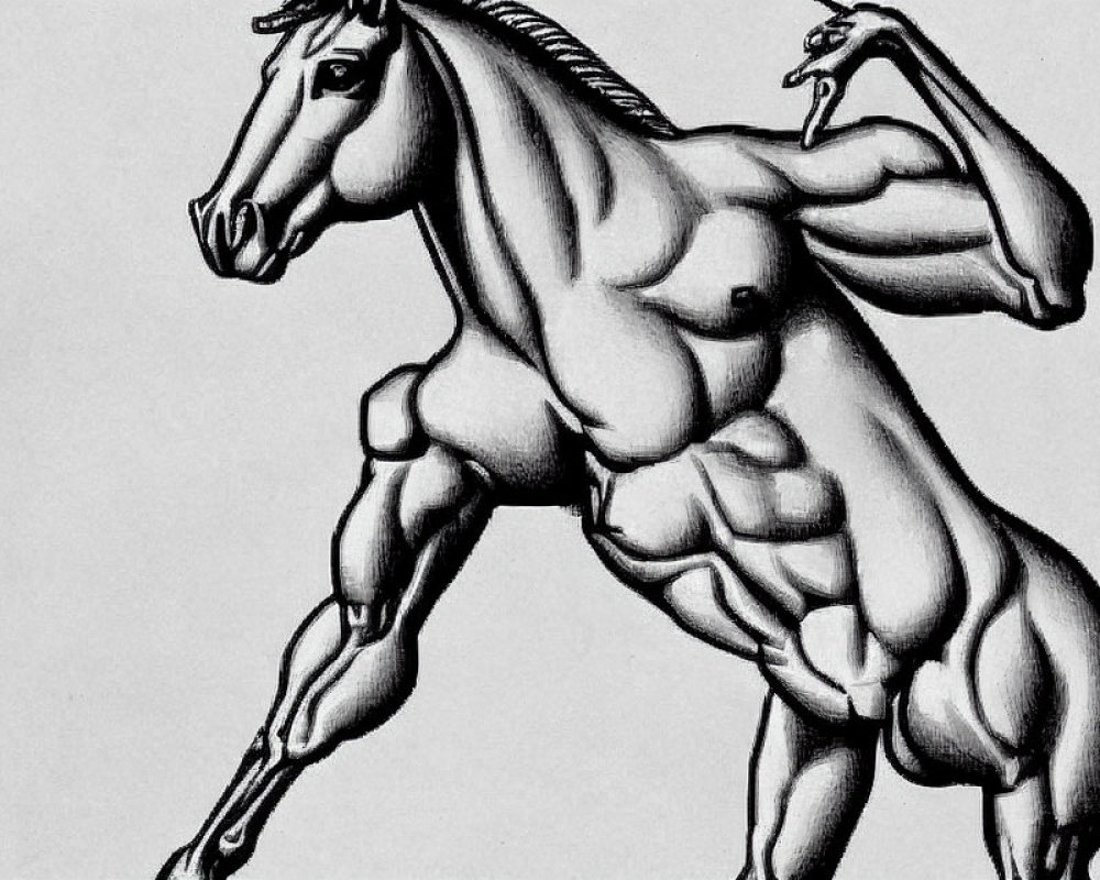 Detailed graphite sketch of muscular horse in motion with shading and anatomical focus