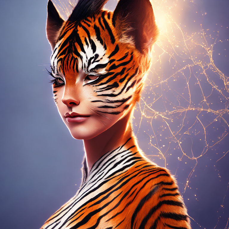 Person with tiger face paint and ears in glowing orange light on blue background