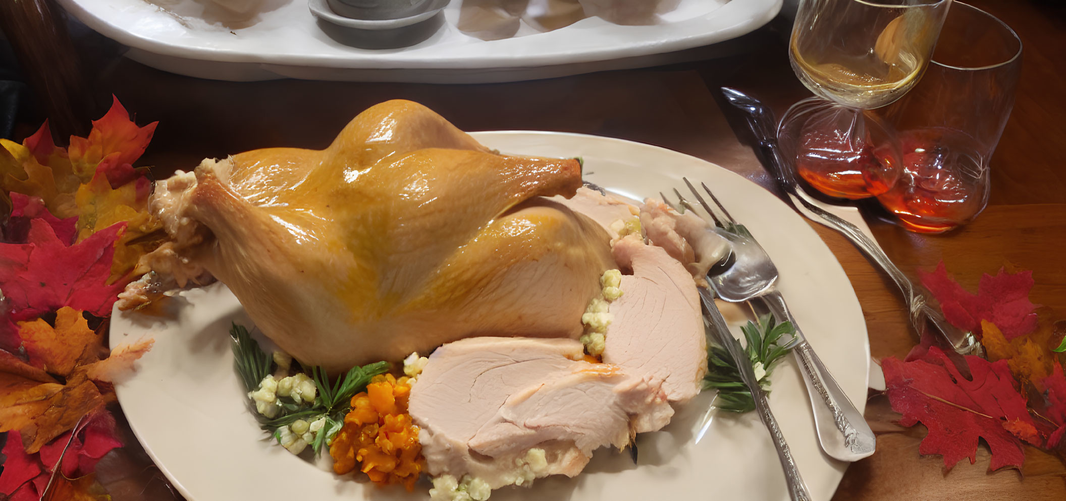 Roasted Turkey on Festive Table with Autumn Leaves and Wine