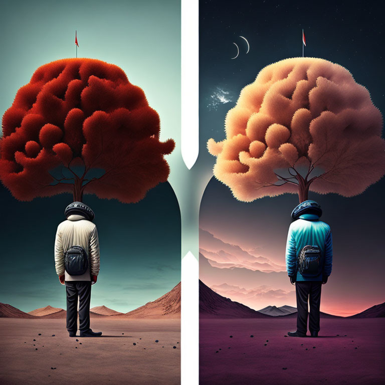 Split vertical illustrations of people gazing at vibrant red and orange canopies under starry and moonlit