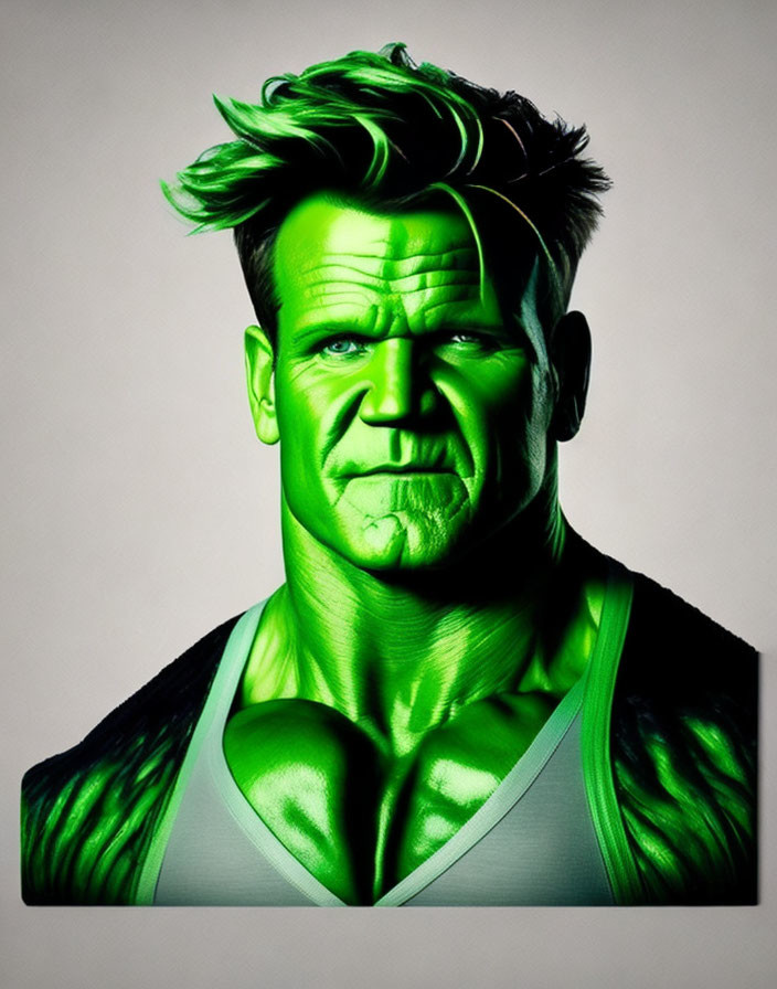 Muscular green-skinned person with intense expression portrait.