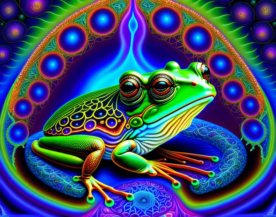 Colorful Frog with Psychedelic Background and Intricate Patterns