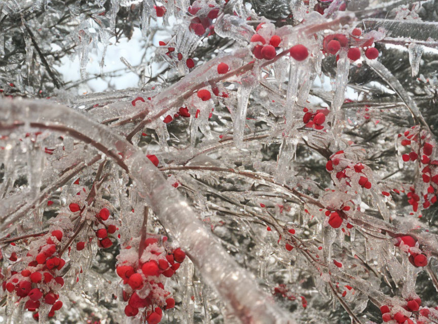 Frozen red berries and branches in clear ice: a glittering winter scene