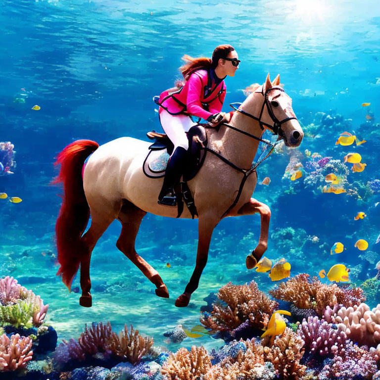 Horse Riding Underwater with Colorful Fish and Coral Reefs