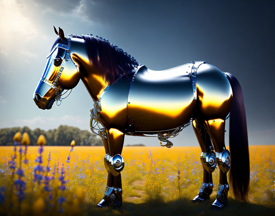 Metallic horse-shaped robot in field of yellow flowers under sunny sky