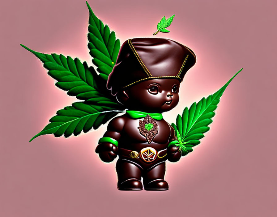 Illustration of baby-like character with leaf hat holding cannabis leaves on pink background