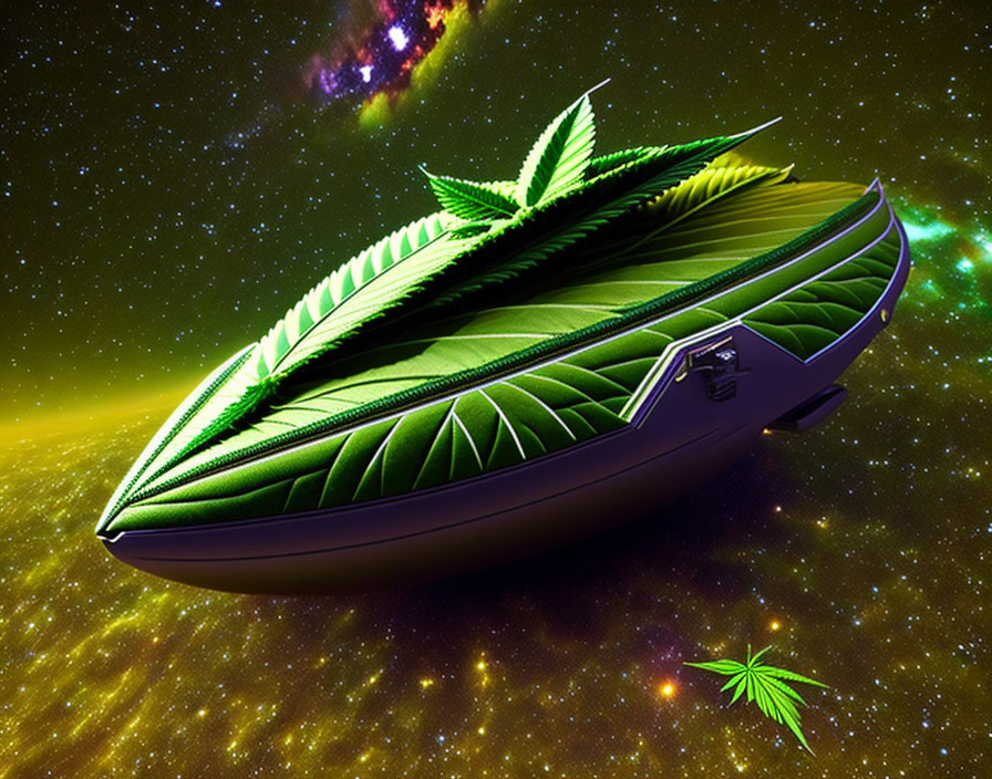 Digital artwork: Cannabis leaf spaceship in cosmic setting