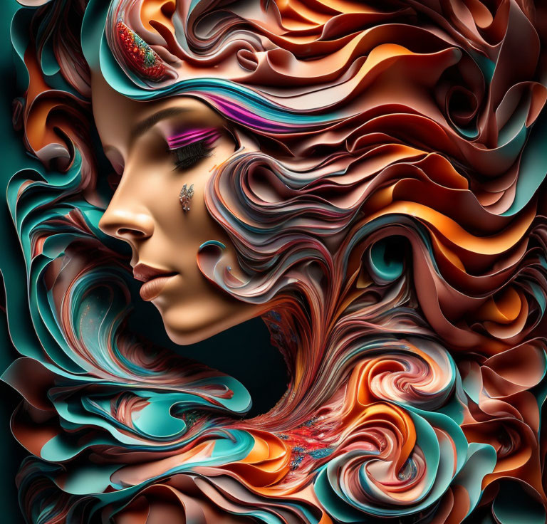 Colorful surreal portrait of a woman with flowing, multi-colored hair