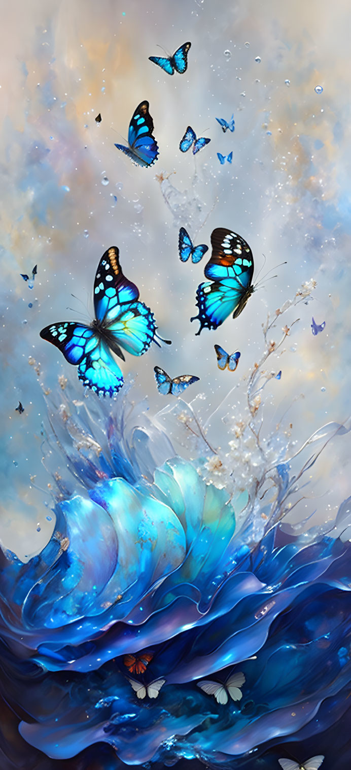 Vibrant Blue Butterflies and Stylized Blue Flower in Digital Art