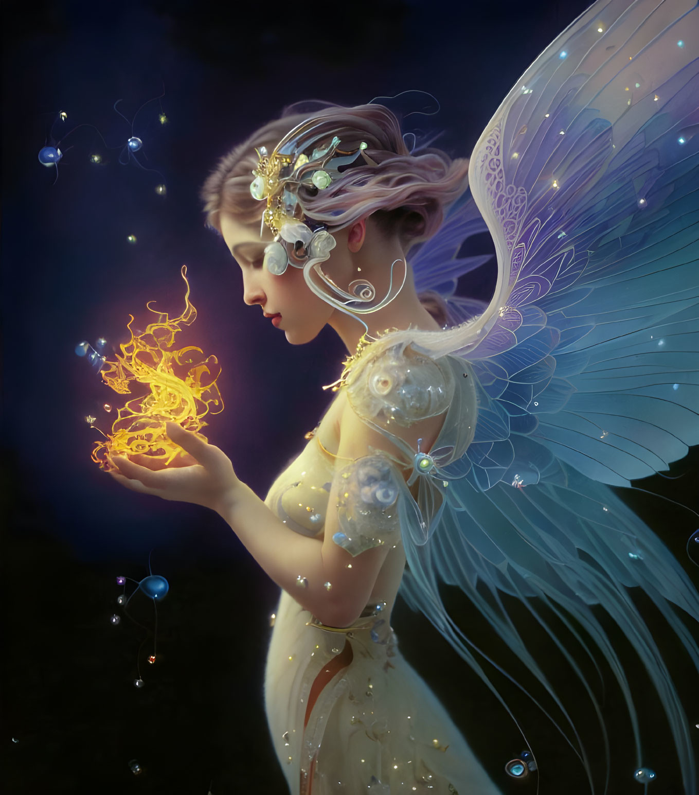 Ethereal fairy with translucent wings holding a magical flame