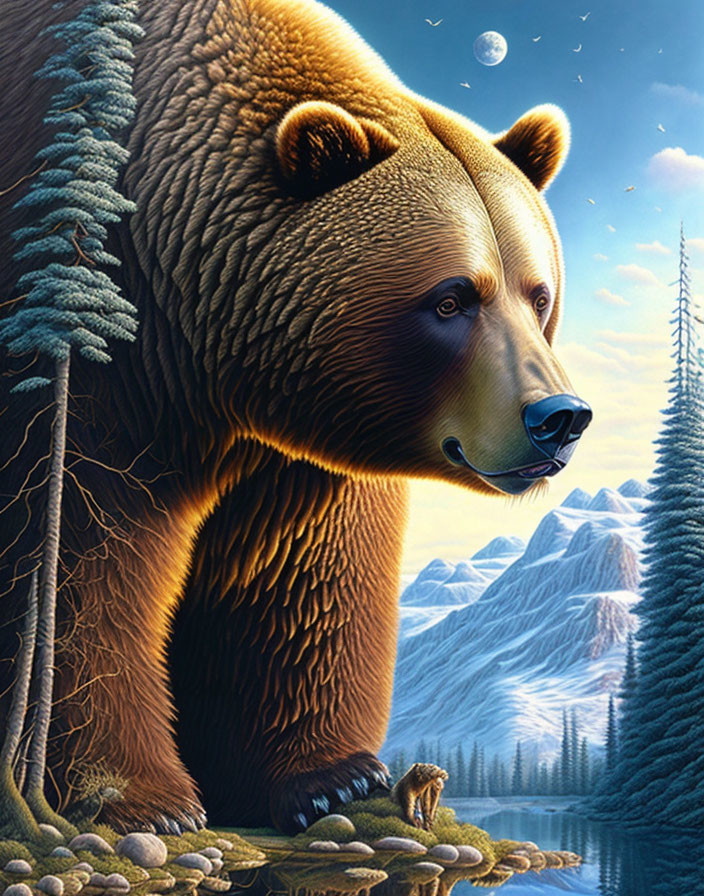 Surreal illustration: Giant bear with landscape on body, smaller bear, mountains, trees, lake