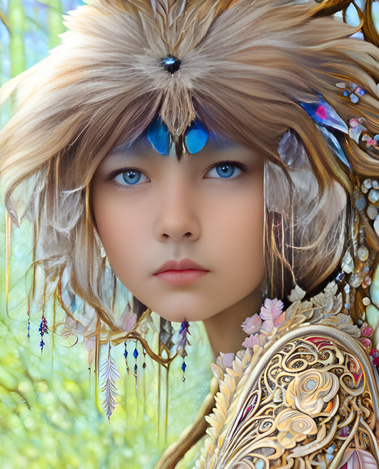 Blue-eyed person in ornate feathered headdress against natural backdrop