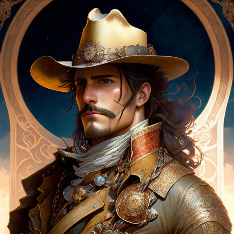 Detailed Illustration: Man with Mustache & Goatee in Ornate Golden Cowboy Hat & Western Out