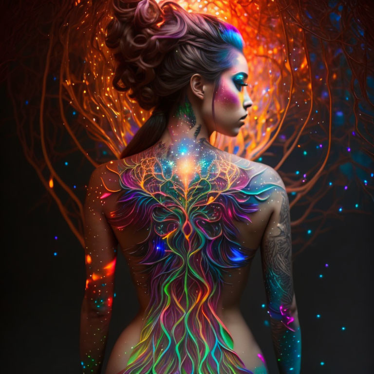 Colorful Tree-Like Neon Body Art on Woman's Back