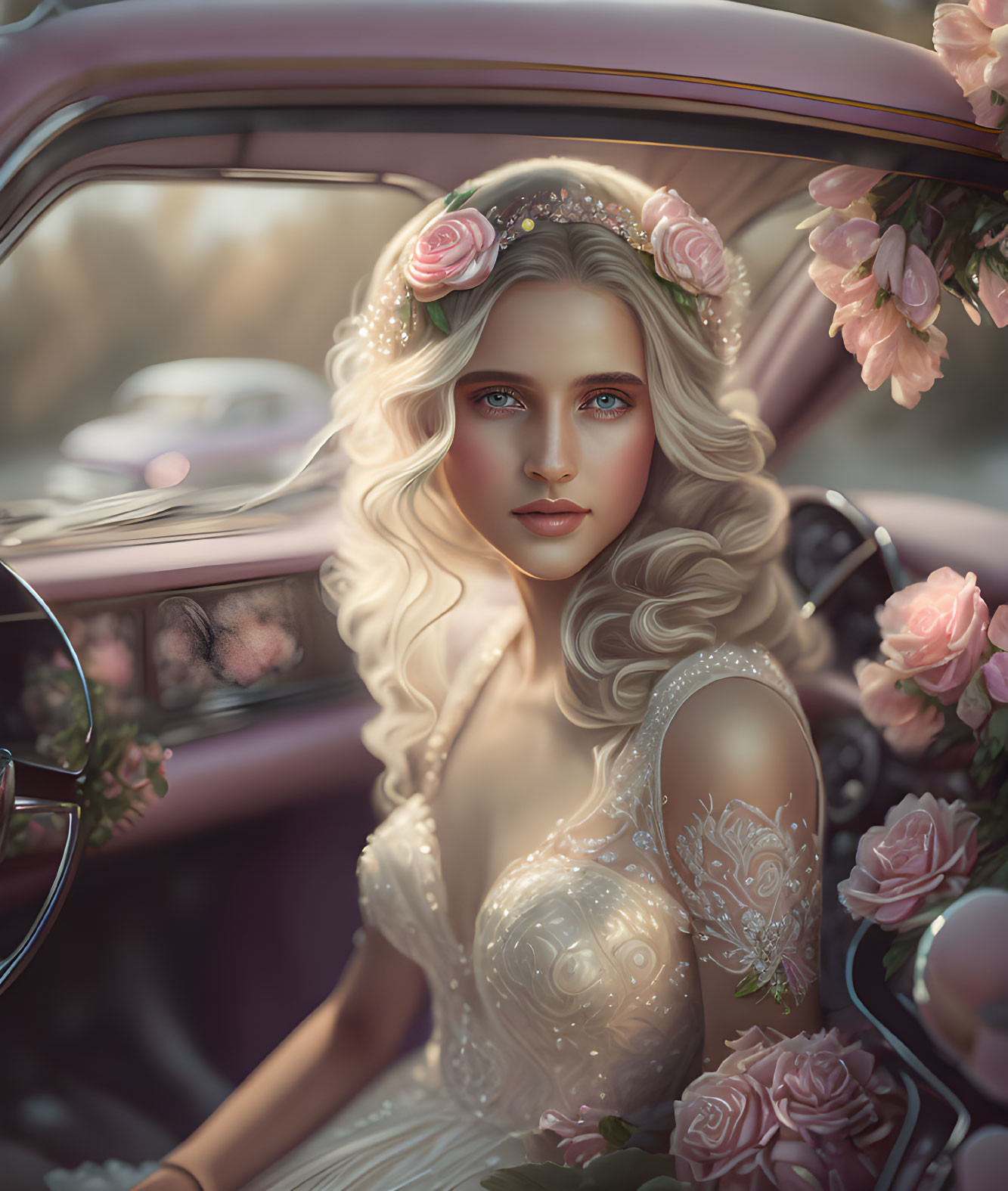 Blonde bride with roses in vintage car surrounded by pink florals