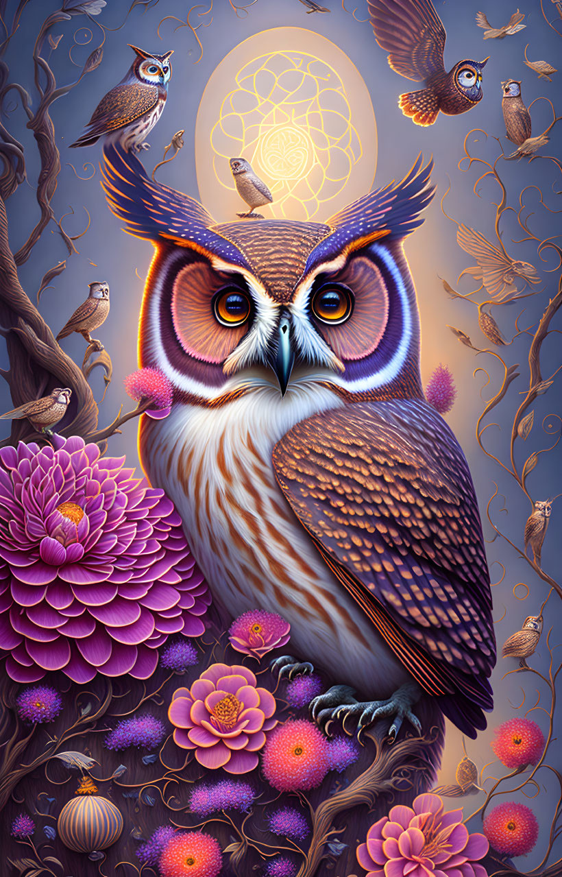 Colorful Owl Perched on Branch with Moon and Flowers