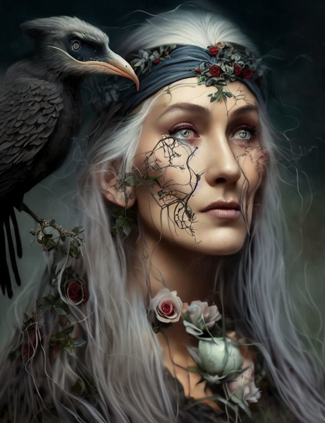 Mystical woman with floral headpiece and raven on dark background