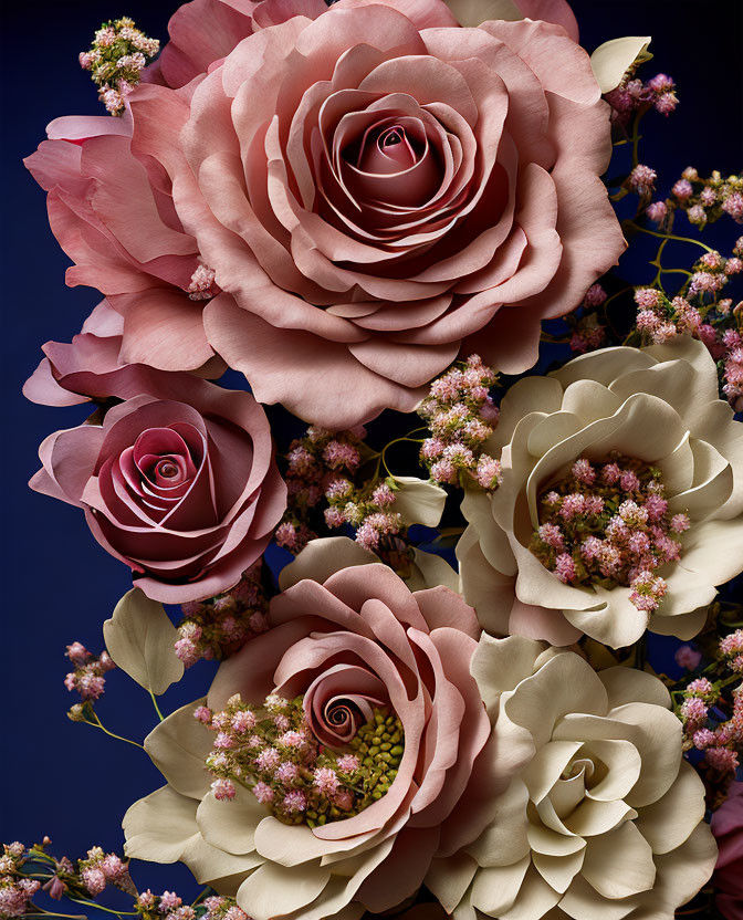 Large Paper Roses Bouquet in Pink and Cream on Dark Blue Background