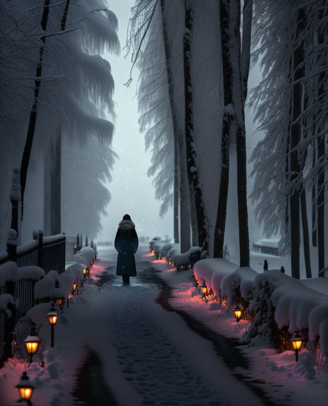 Person standing on snow-covered path under night sky with lanterns and trees