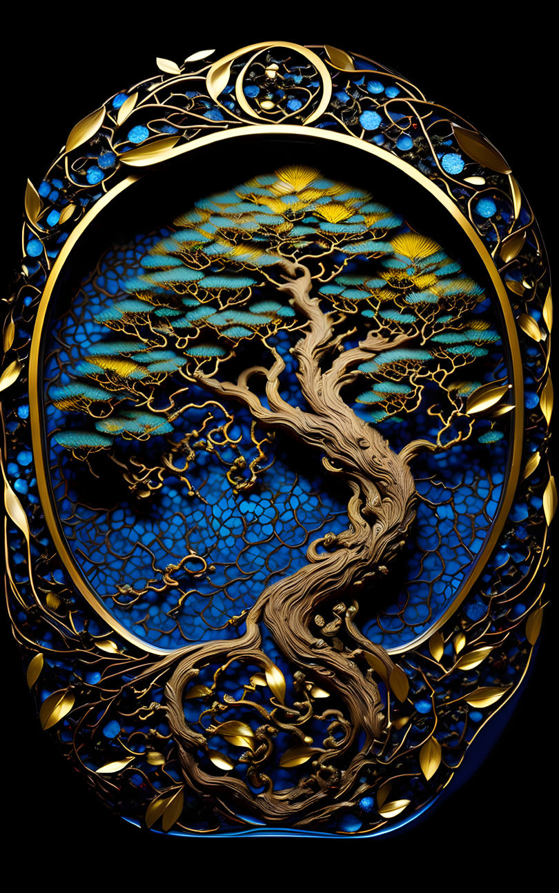 Golden tree on cobalt blue background with leaf motif frame