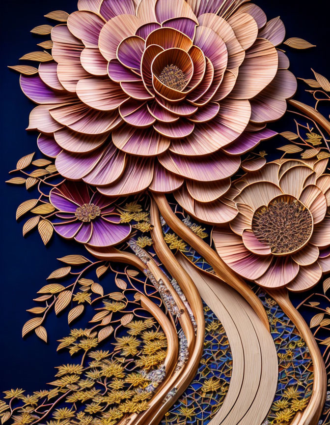 Detailed 3D floral artwork in purple and brown with golden stems on dark background