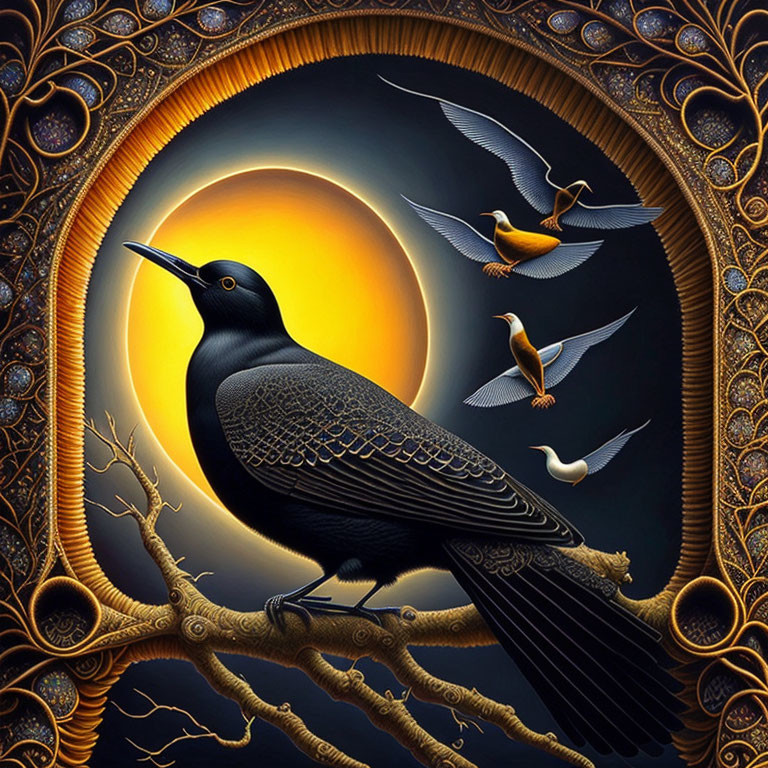 Detailed artwork: Large blackbird, radiant sun, golden ornate patterns, smaller birds in flight