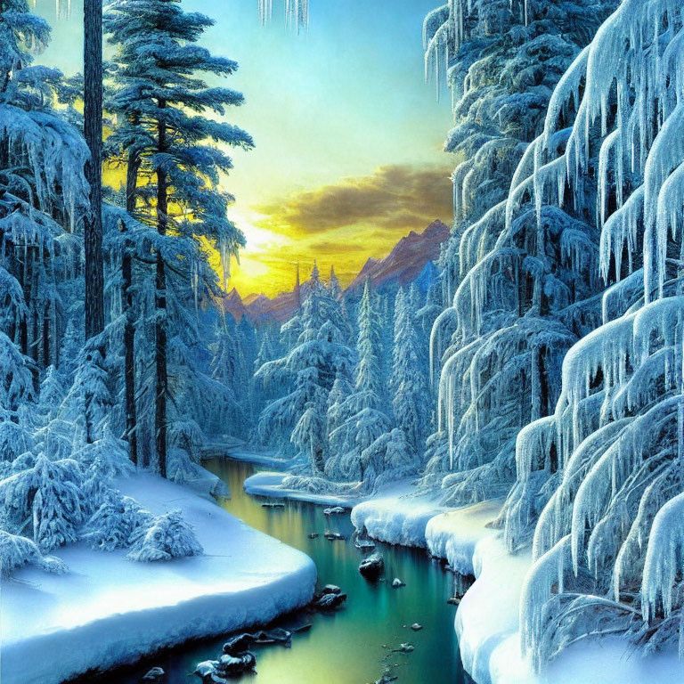 Snow-covered Trees and Icicles in Tranquil Winter Landscape