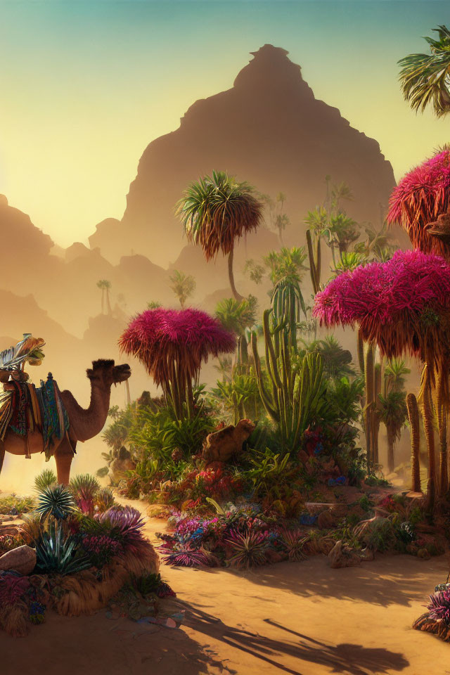 Desert oasis with palm trees, cacti, camel, and mountain.