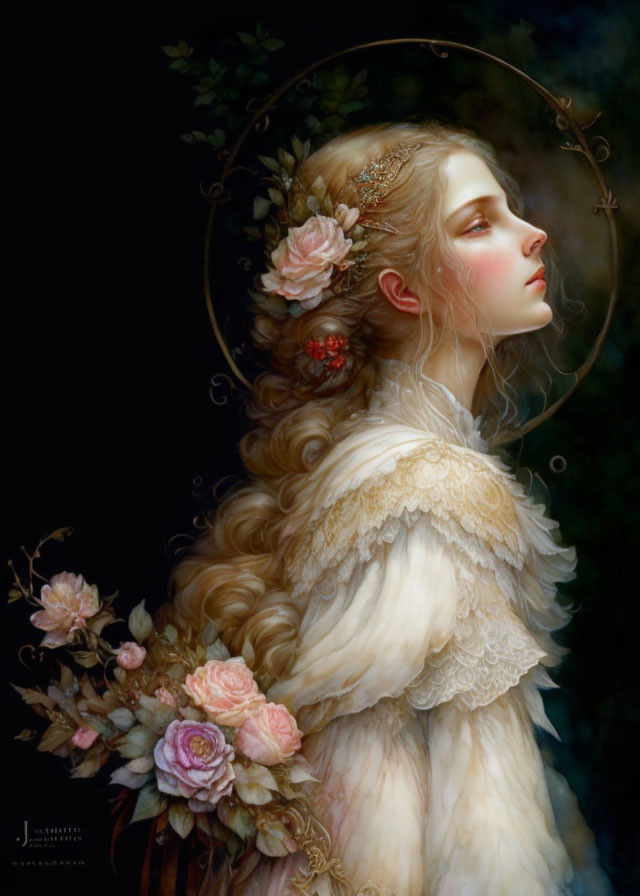 Serene woman with long wavy hair and roses in cream fur-trimmed cloak