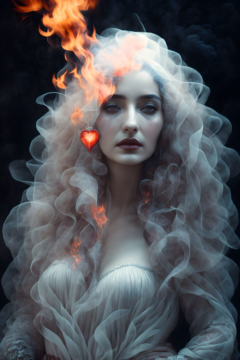 Pale-skinned woman with curly white hair and flaming heart locket, surrounded by wisps of smoke