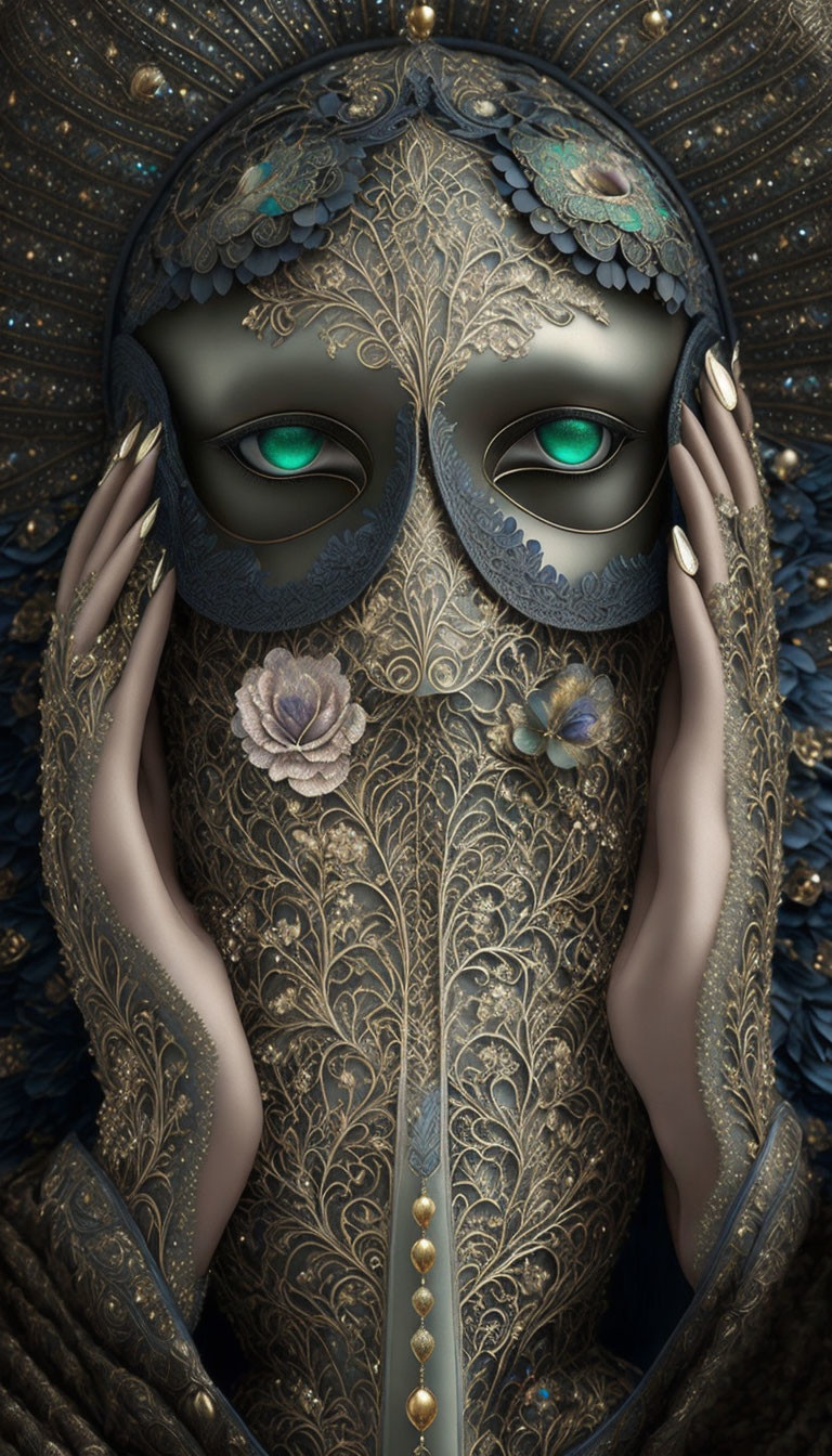 Intricate humanoid figure with ornate patterns and green eyes