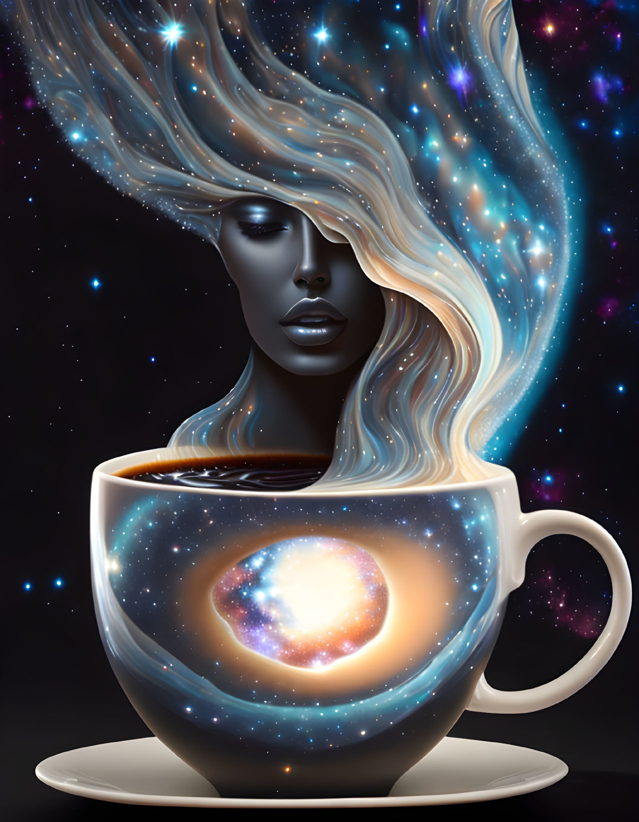 Surreal illustration: woman's hair merges with cosmic scene and galaxy in coffee cup