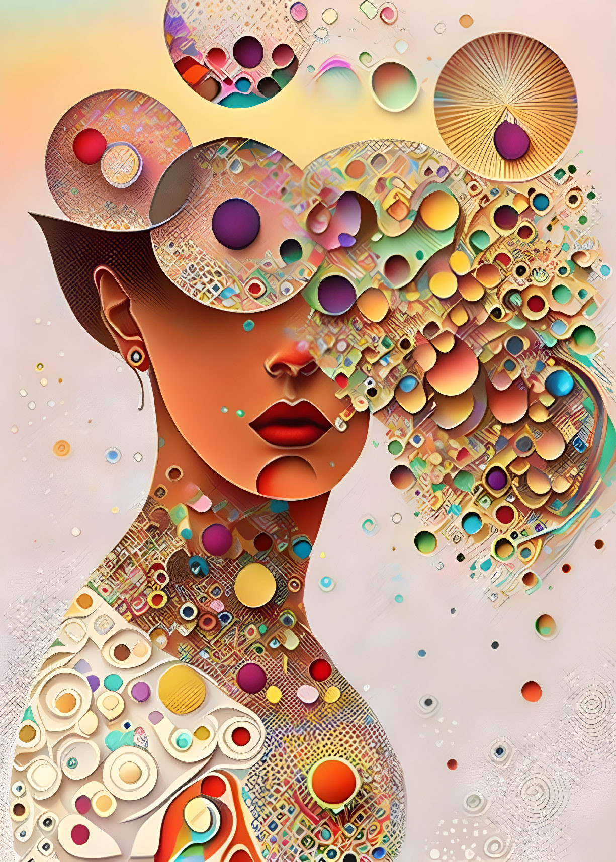 Vibrant abstract art: woman adorned with patterned circles and shapes.