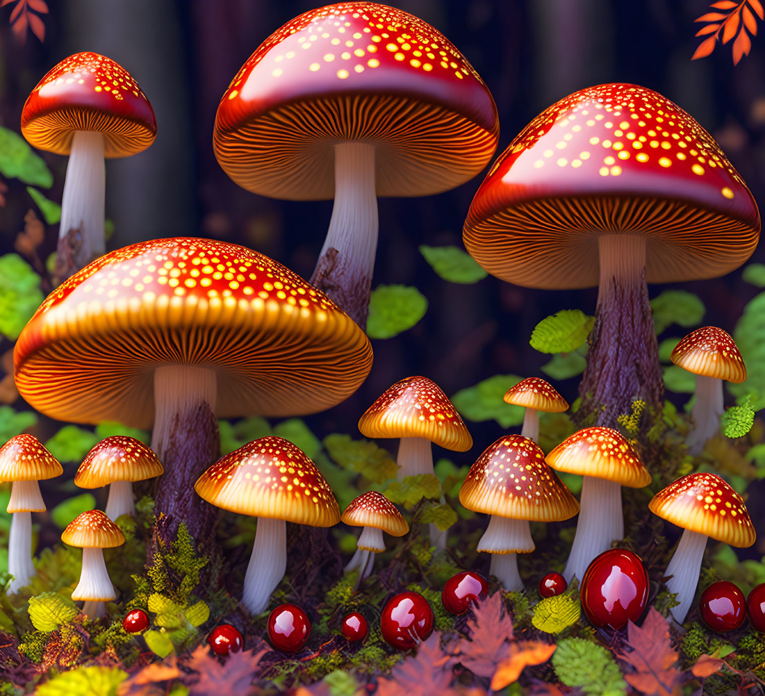 Colorful digital artwork of stylized mushrooms in lush forest scene