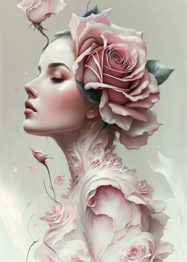 Woman with Roses in Hair and Gown: Dreamlike Artistic Portrayal