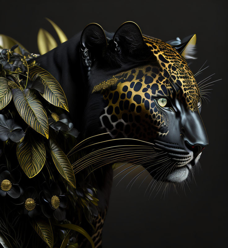 Golden-embellished jaguar with ornate leaves on dark background