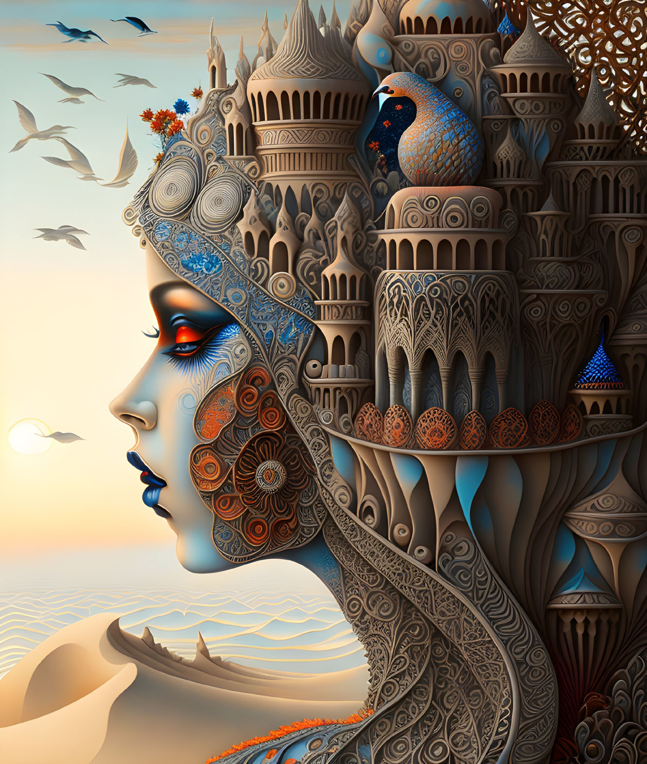 Surreal woman's profile with peacock and architectural elements on seascape