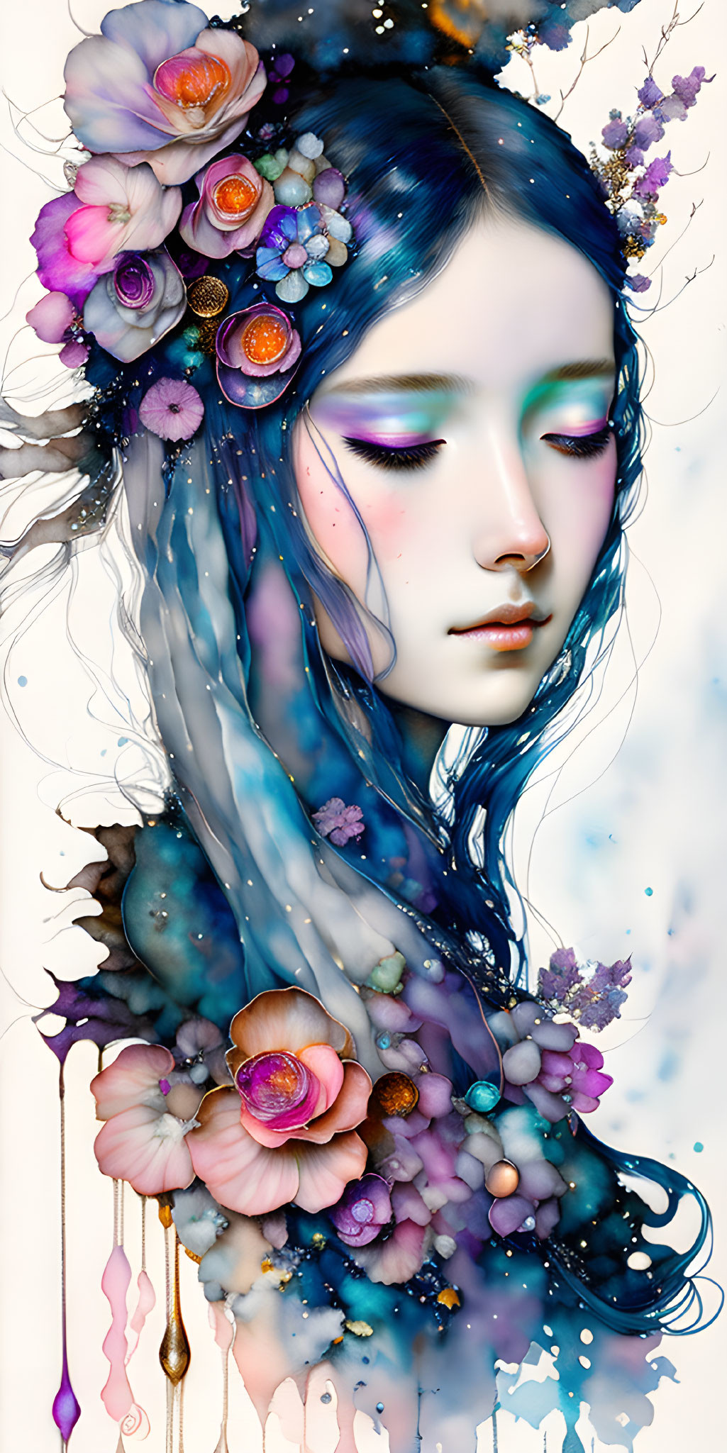 Vibrant digital painting of woman with blue hair and colorful flowers