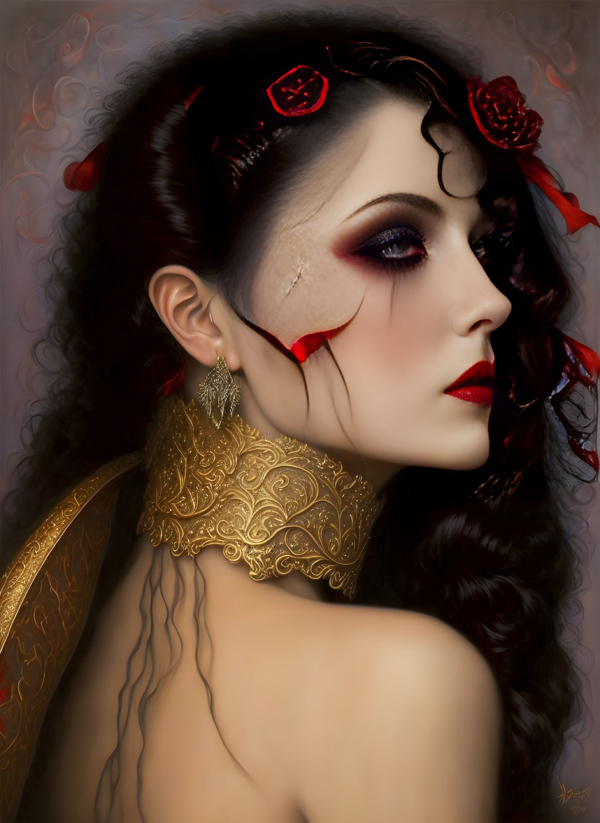 Portrait of woman with dramatic makeup, red flowers, golden choker, tear of blood.