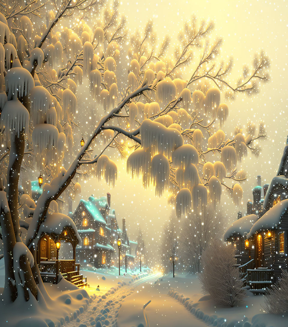 Snow-covered trees, icicles, lanterns, village in serene winter scene