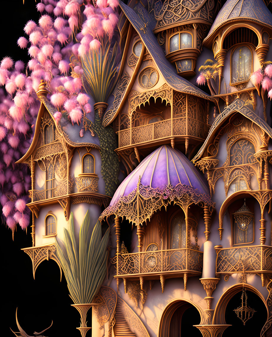 Fantastical treehouse with intricate wooden architecture and pink blossoms