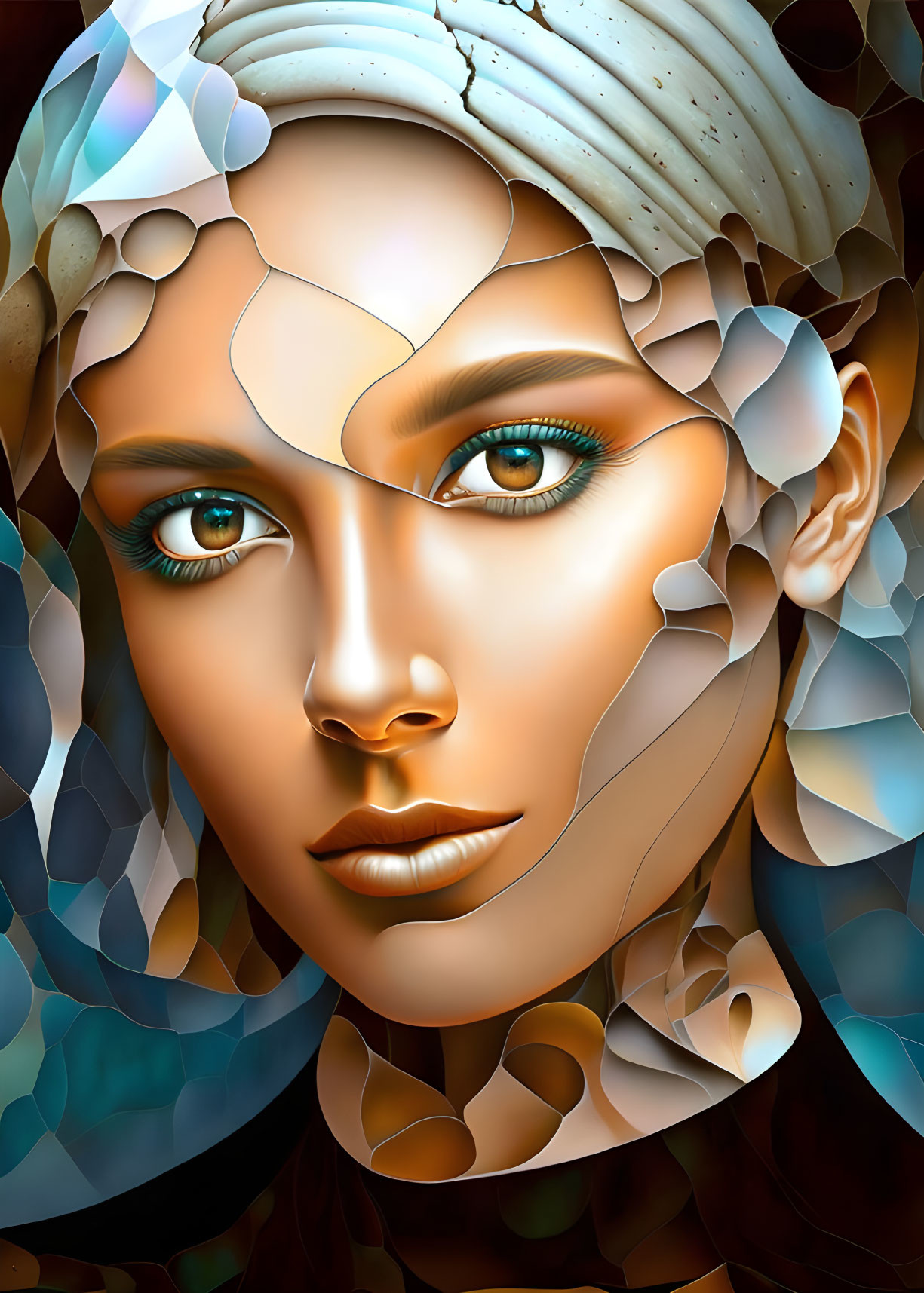 Digital artwork: Woman's face with mosaic texture, vibrant blue eyes, earthy & metallic tones